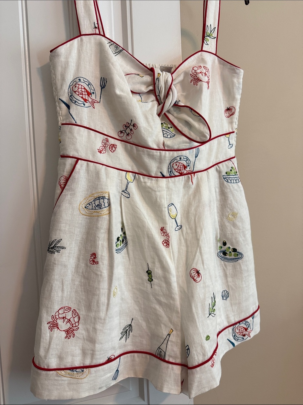 Caroline Constas Cream Linen Romper with Red Trim and Multicolor Embroidery - Picture 4 of 10
